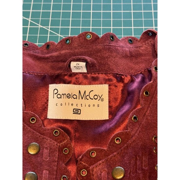 Pamela McCoy 2X Burgundy Leather Jacket With Studded Embellishments & Satin Lini - Picture 2 of 8